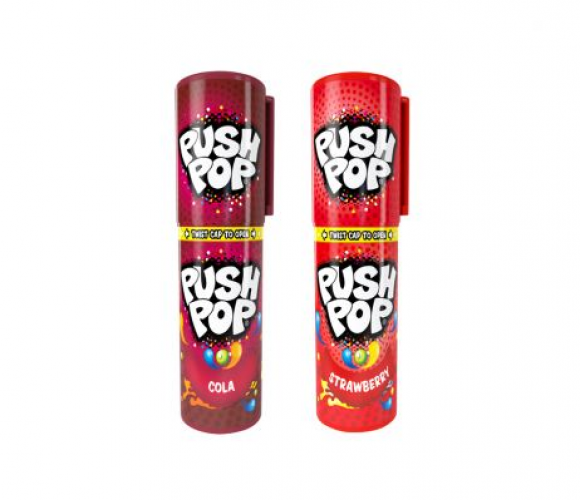 Bazooka Push Pop, in verschillende smaken zoals: Raspberry, Black currant, Cola, Strawberry.