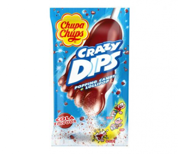 Val terug in de kindertijd met de beroemde Chupa Chups Crazy Dips Aardbei -lolly. Een heerlijke lolly in de vorm van een voet om te weken in het knetterende poeder in de mond.