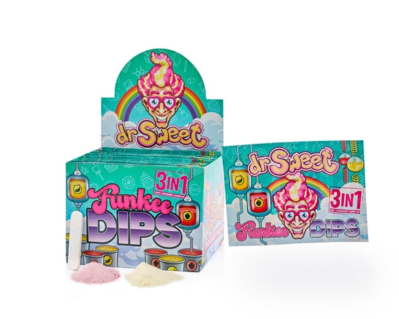 Heerlijk genieten van de Dr. Sweet Funkee Dips 28 gr. De 3-1 snoep sensatie in grootverpakking