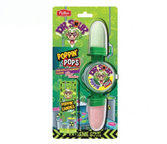 Dr Sour blister poppin pops, is een lolly die je kan dippen in knettersnoep. Laat je verrassen door de smaakexplosie van Dr. Sour Blister Poppin pops