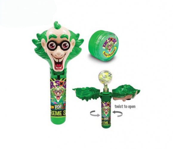 Dr. Sour Blister Twist &amp; Turn Pop is een lolly die je moet opendraaien om vervolgens te dippen in zure poeder. 