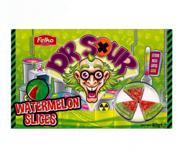 Deze Slices hebben een heerlijke zure watermeloen smaak die je smaakpapillen zeker zal prikkelen Dr. Sour Watermeloen Slices Perfect om onderweg van te genieten