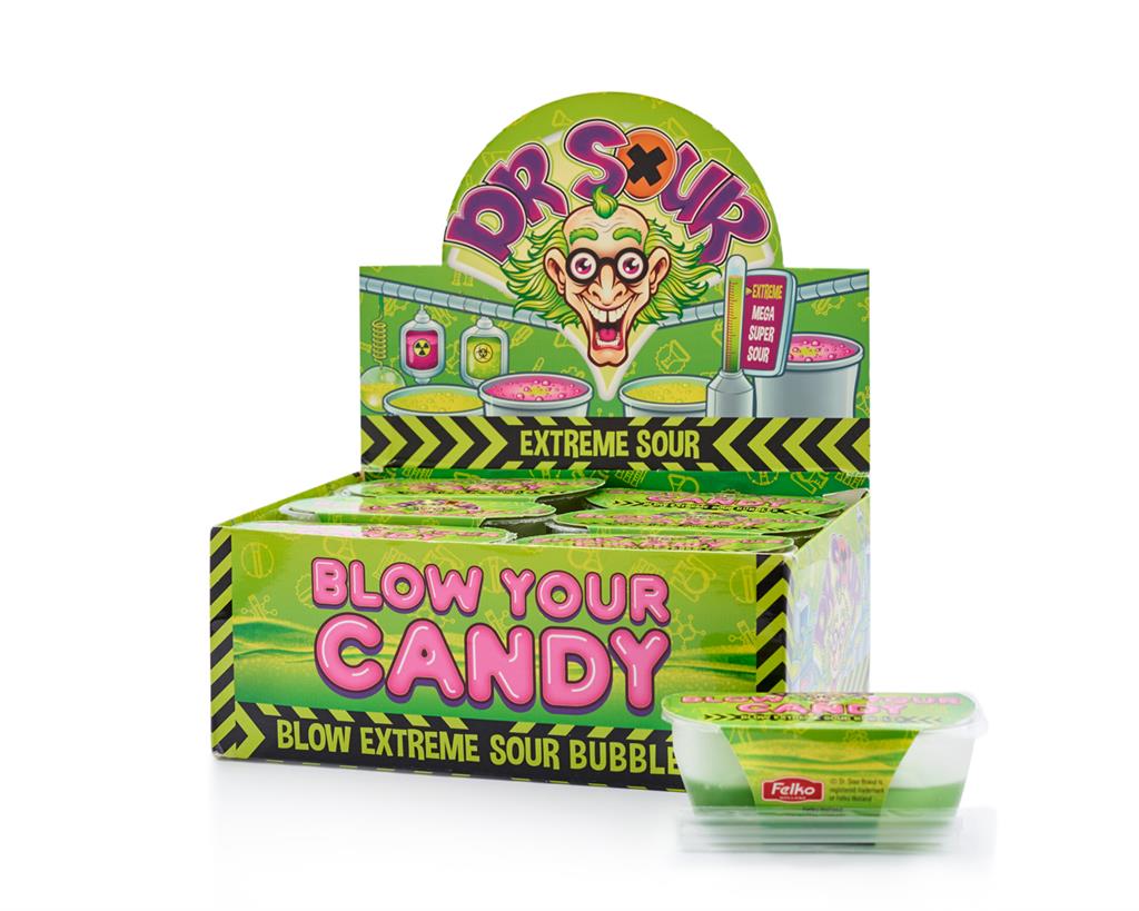 Dr. Sour Blow Your Candy, heerlijk genieten van de Dr. Sour Blow your Candy. Deze snoep kan je opblazen om volgens te genieten van dit nieuwe fenomeen.