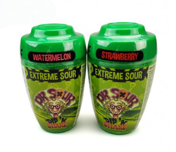 Dr Sour dip-n-shake, vreemde bekken trekken door de zuurste snoep? Koop dan deze Dr Sour dip-n-shake in verschillende smaken. En beleef een nieuwe avontuur op gebied van zure snoep. Helaas is het vooraf niet te bepalen welke je ontvangt.