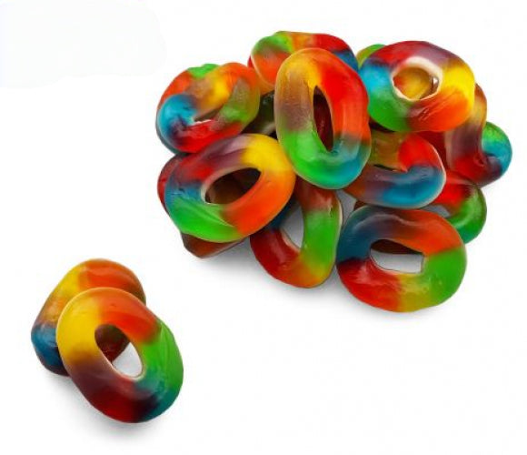 Meerkleurige ringen zijn een heerlijke gummy gelei-snoepje gemaakt in Spanje door Dulce Plus Jelly Rainbow Rings zit in een verpakking van 200gram 