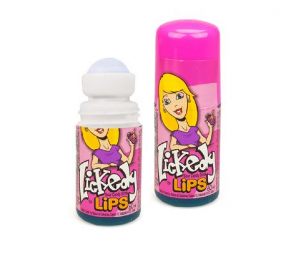 Freekee Lickedy Lips, een zuur vloeibaar snoep roller in de smaak framboos.