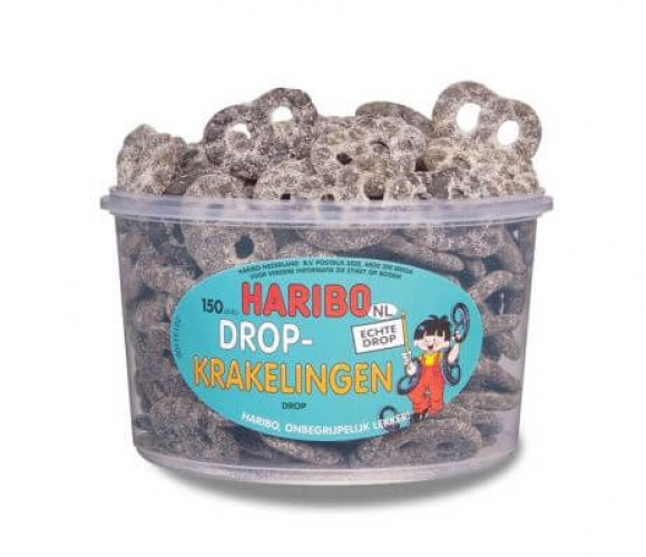 Haribo Drop Krakelingen is een krakeling gemaakt van echt drop en om deze dropsmaak nog lekkerder te maken is het afgewerkt met een suikerlaagje.