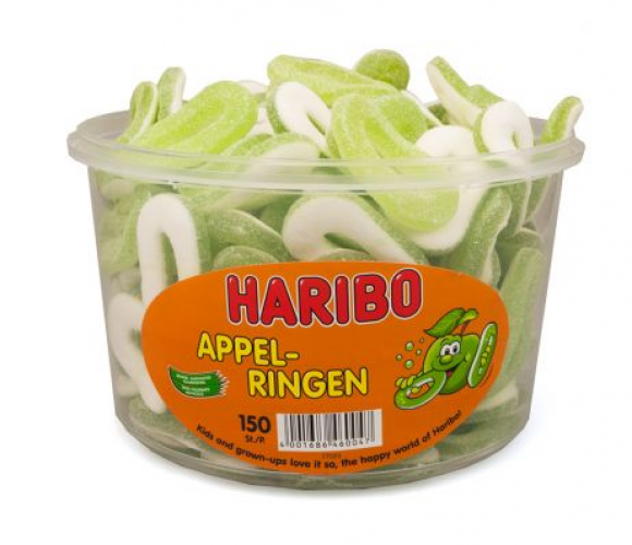 De Haribo silo Appelringen is een gesuikerde fruitgom met een appelsmaak en een schuimlaag eronder. bestel je snoep bij mrsnoep.nl