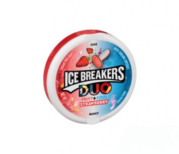 Ice Breakers Duo Strawberry Fruit+Cool pepermuntjes zijn verpakt in een leuk blikje dat je overal mee naartoe kunt nemen, zodat je er de hele dag toegang toe hebt 