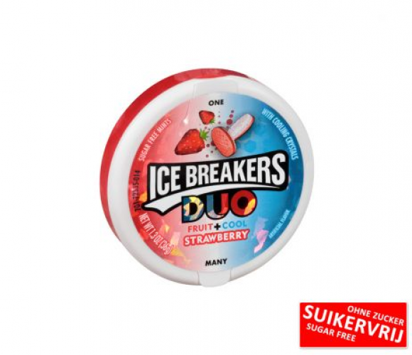  Ice Breakers Duo Strawberry Fruit+Cool pepermuntjes zijn verpakt in een leuk blikje dat je overal mee naartoe kunt nemen, zodat je er de hele dag toegang toe hebt 