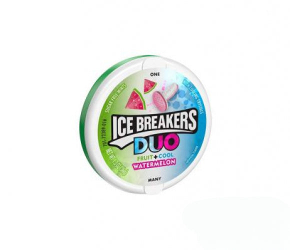  Ice Breakers Duo Mint Watermelon Fruit+Cool pepermuntjes zijn verpakt in een leuk blikje dat je overal mee naartoe kunt nemen, zodat je er de hele dag toegang toe hebt 