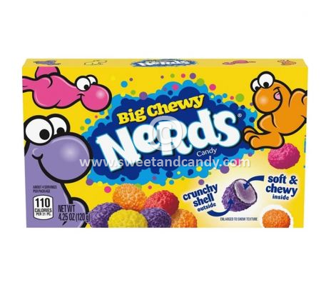 Nerds Big Chewy Sour Video Box. Big Chewy Nerds snoep omhuld met een zoete krokante buitenkant. Bestaat uit verschillende kleuren snoepjes.