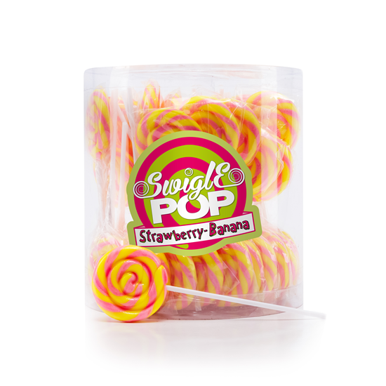 Swigle Pop Mini Banana Strawberry, een heerlijke lolly in de smaak van banaan met aardbei. Leuk om uit te delen op school of een kinderverjaardag