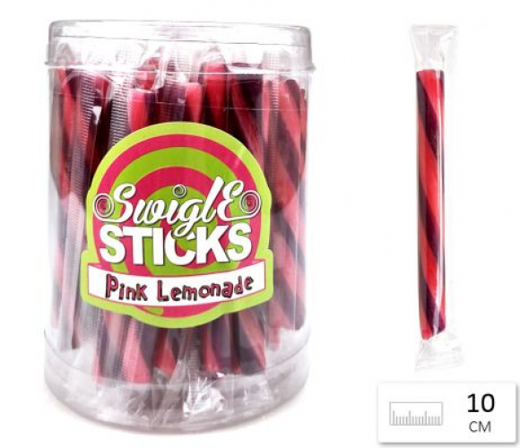 Swigle Sticks Pink Lemonade Heerlijke stick in de smaak van paarse limonade. Leuk om uit te delen op school of een kinderverjaardag. 10 gram per stick Swigle Sticks Pink Lemonade met een inhoud van  50 stuks